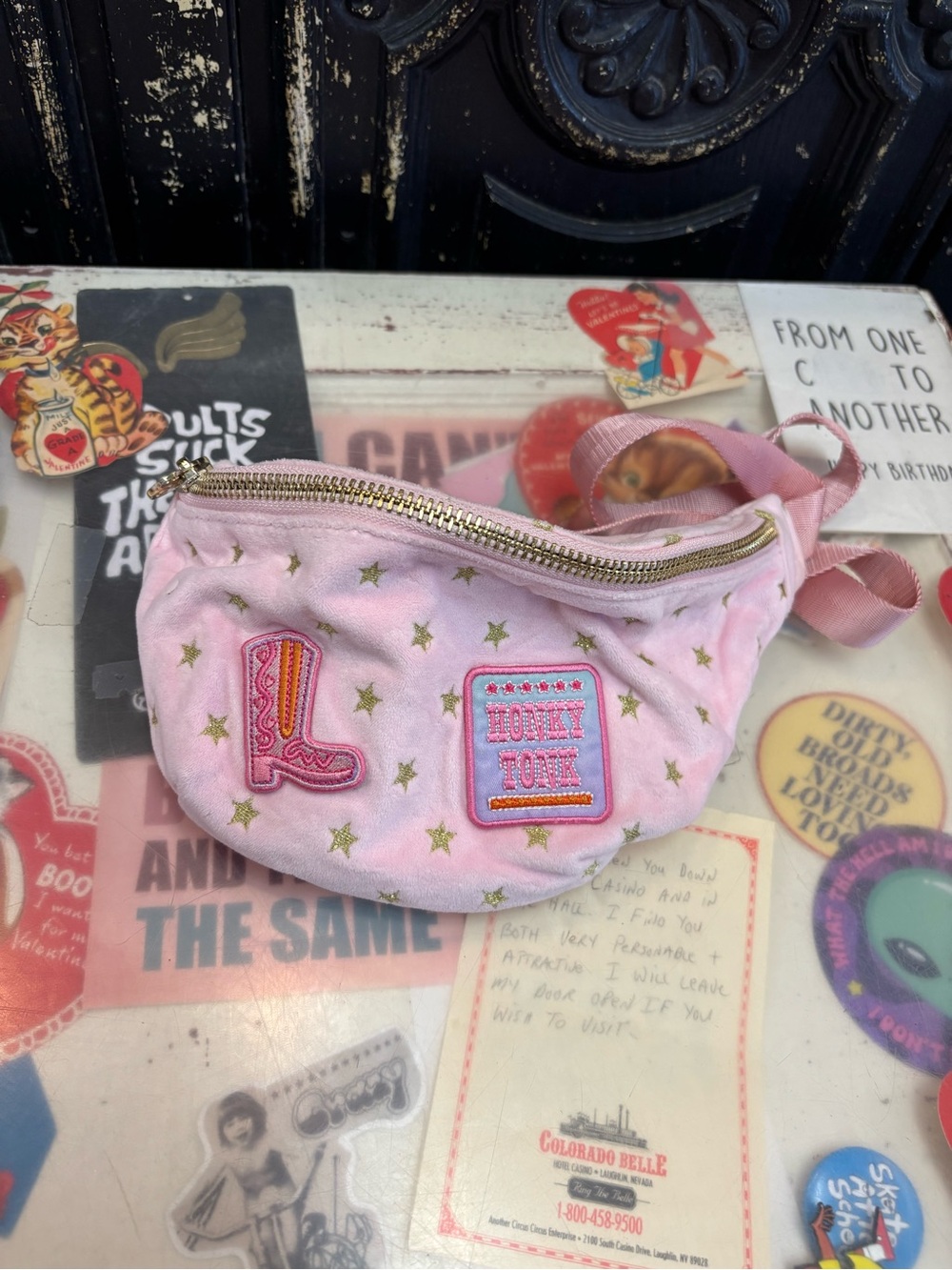 Stoney Clover Lane Pink Star Patch Belt Bag with Gold Stars